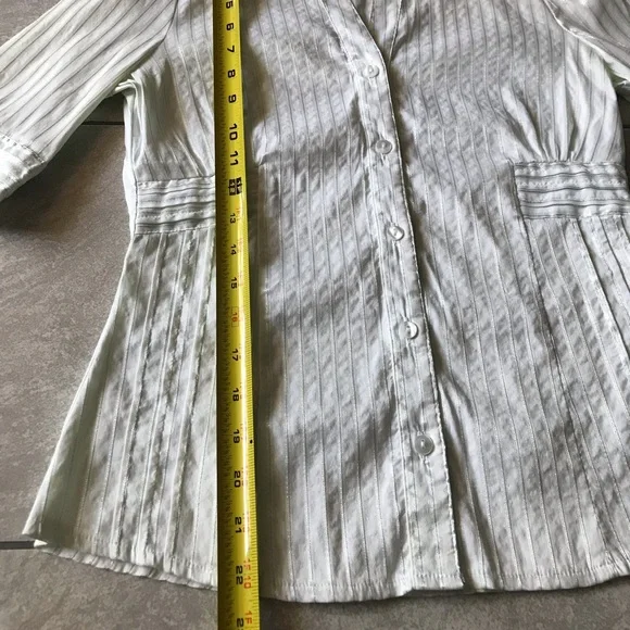White green stripes fitted stretchy shirt sleeve blouse S - Picture 6 of 11
